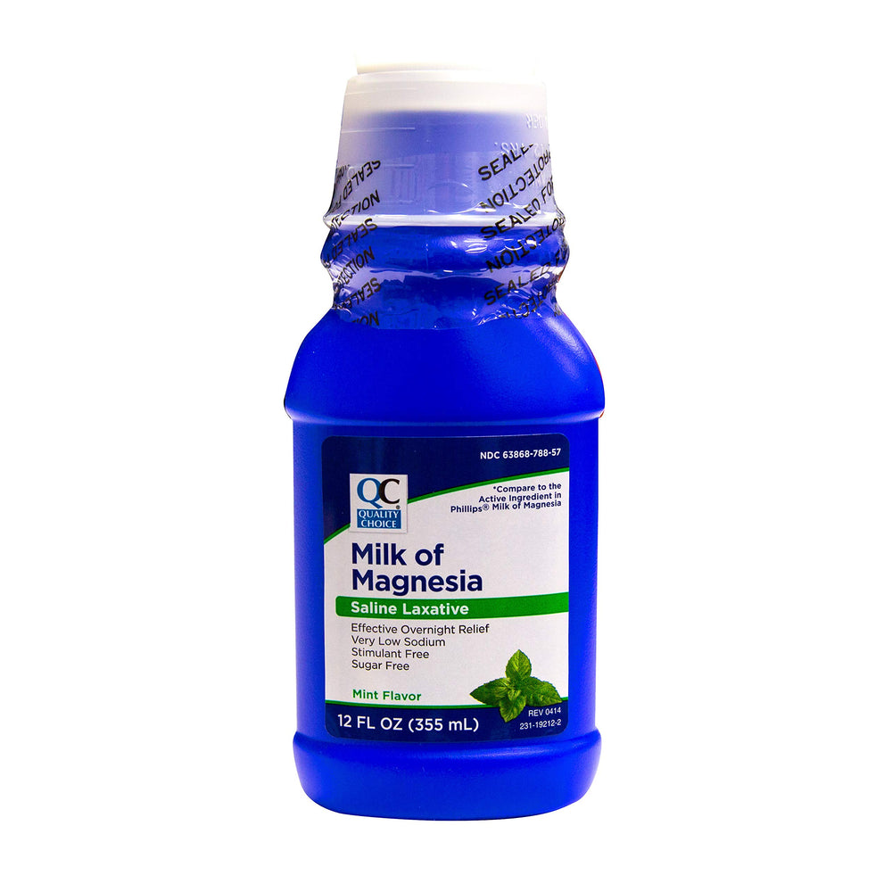 Quality Choice Milk of Magnesia mint bottle 12oz with refreshing flavor for digestive comfort.