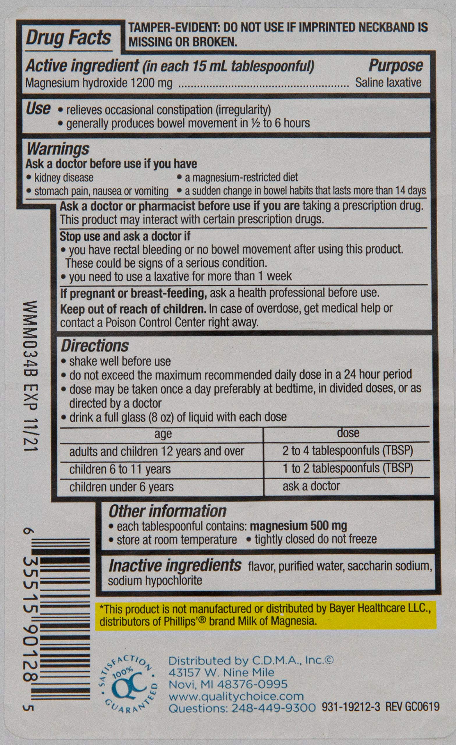 Quality Choice Milk of Magnesia mint flavor pack 6 for convenient household use.