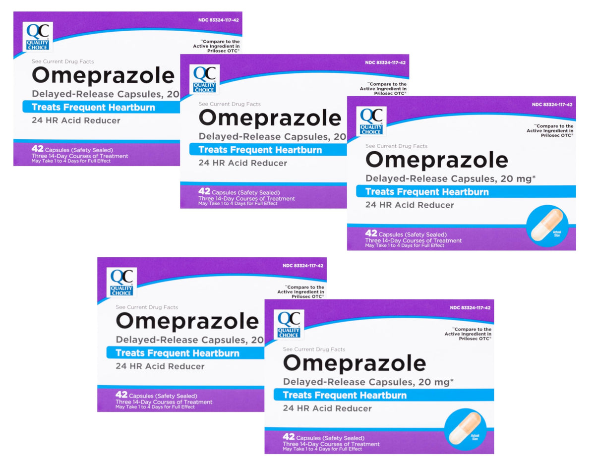 Quality Choice Omeprazole delayed-release bottle label shows 20 mg dosage for daily use.