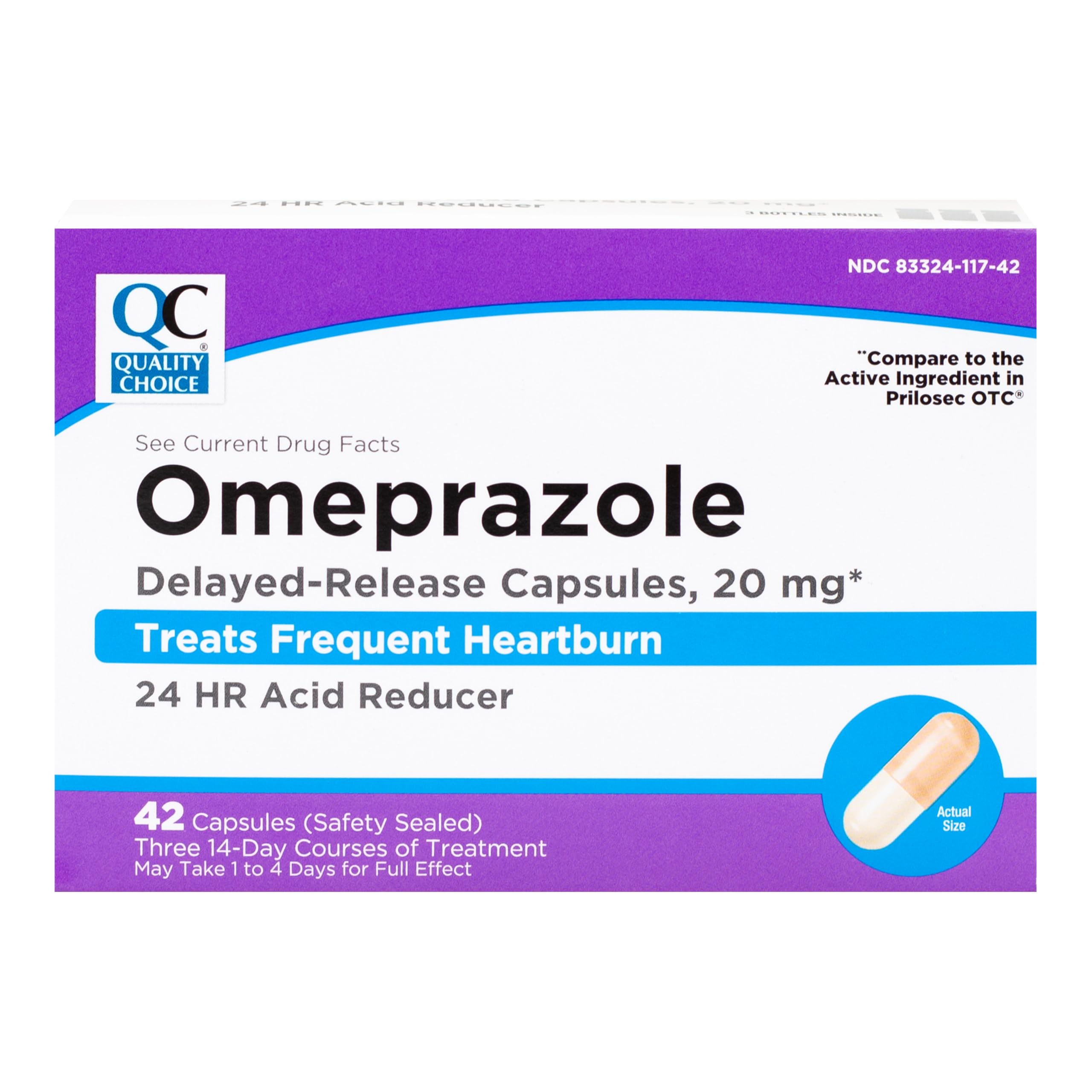 Quality Choice Omeprazole delayed-release capsules in blister pack for on-the-go relief.