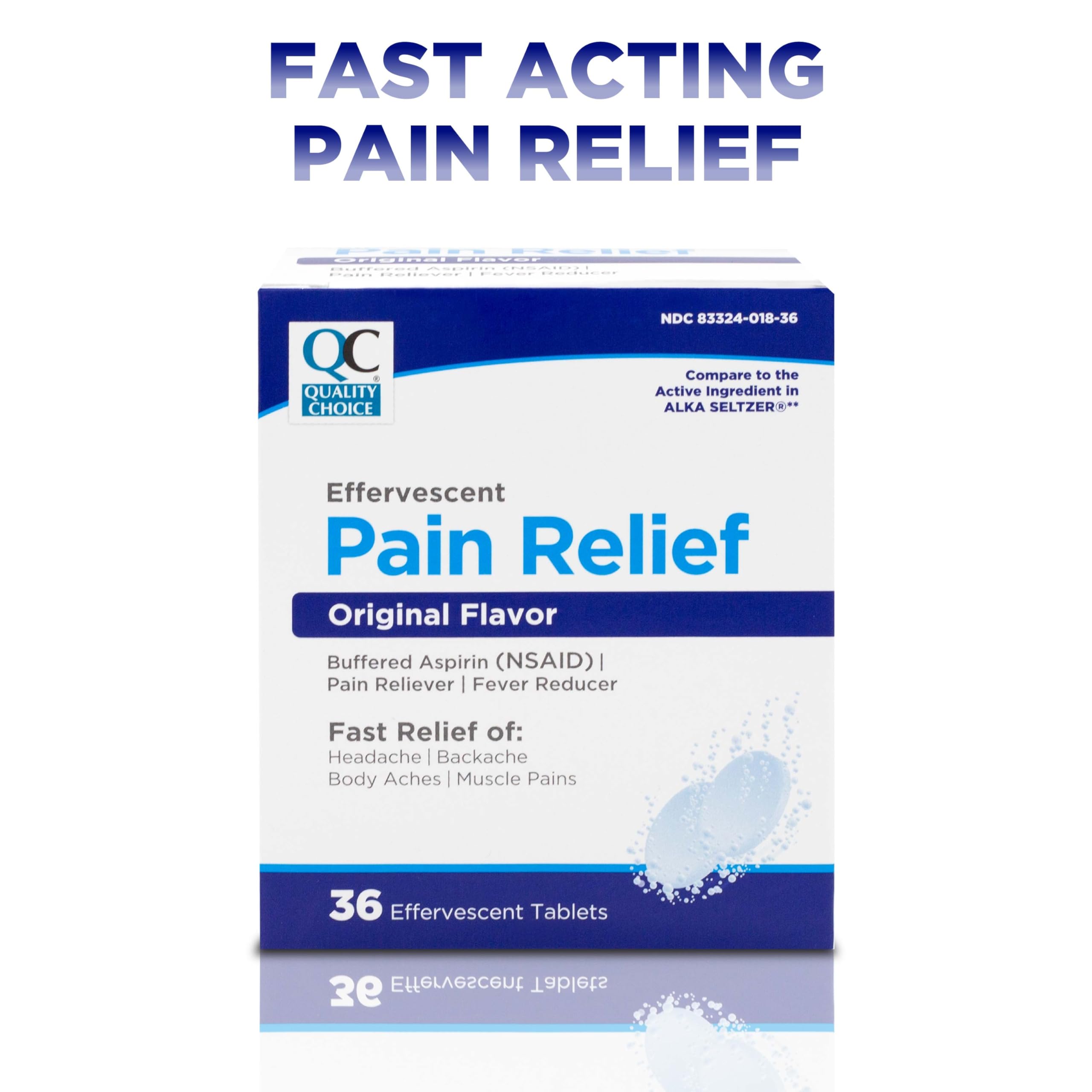 Quality Choice fast-acting effervescent relief in water imagery.