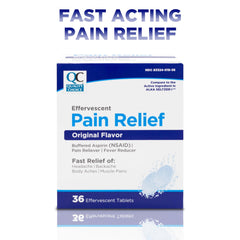 Quality Choice fast-acting effervescent relief in water imagery.