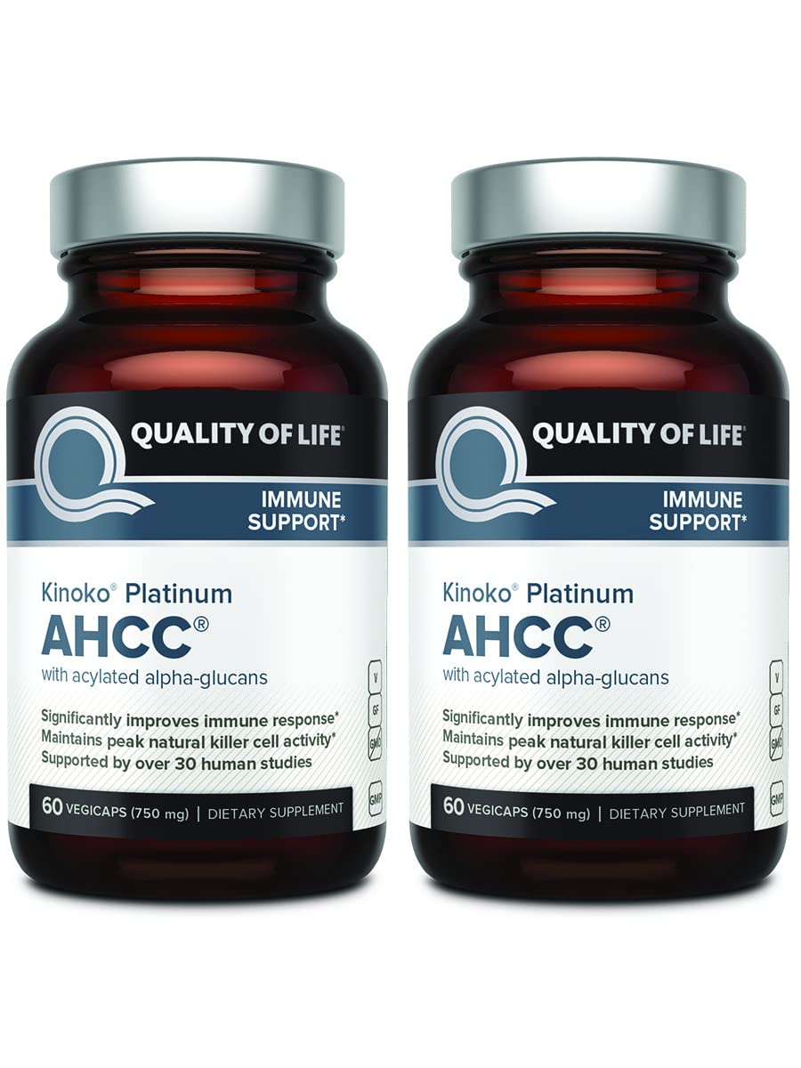 Quality of Life AHCC Kinoko Platinum 750 mg bottle front view, signaling premium immune support.