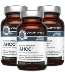 Quality of Life AHCC Kinoko Platinum bottle close-up for immune support
