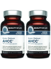 Quality of Life AHCC Kinoko Platinum 750 mg bottle front view, signaling premium immune support.