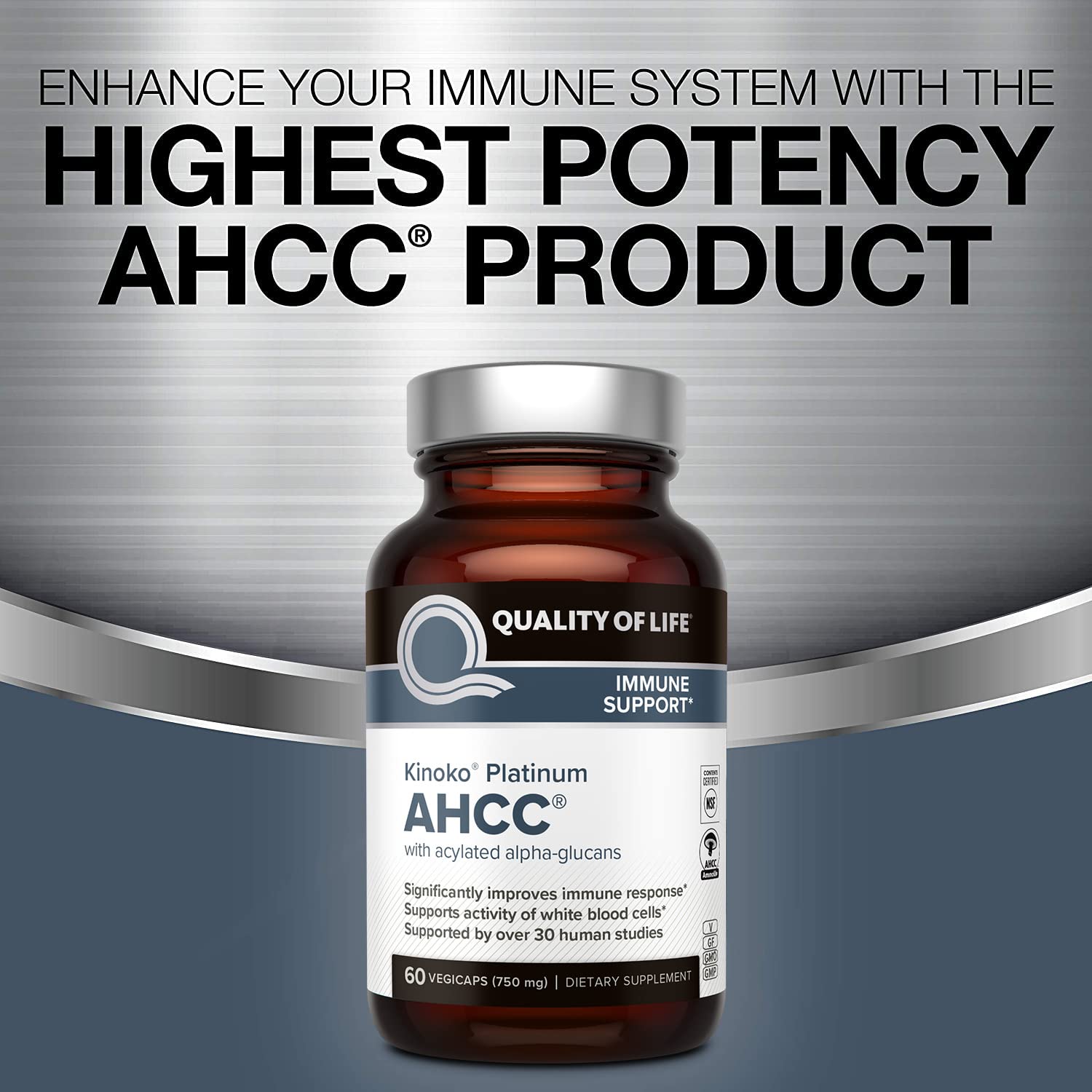 Quality of Life AHCC Kinoko Platinum capsules closeup showing vegetarian capsule form.