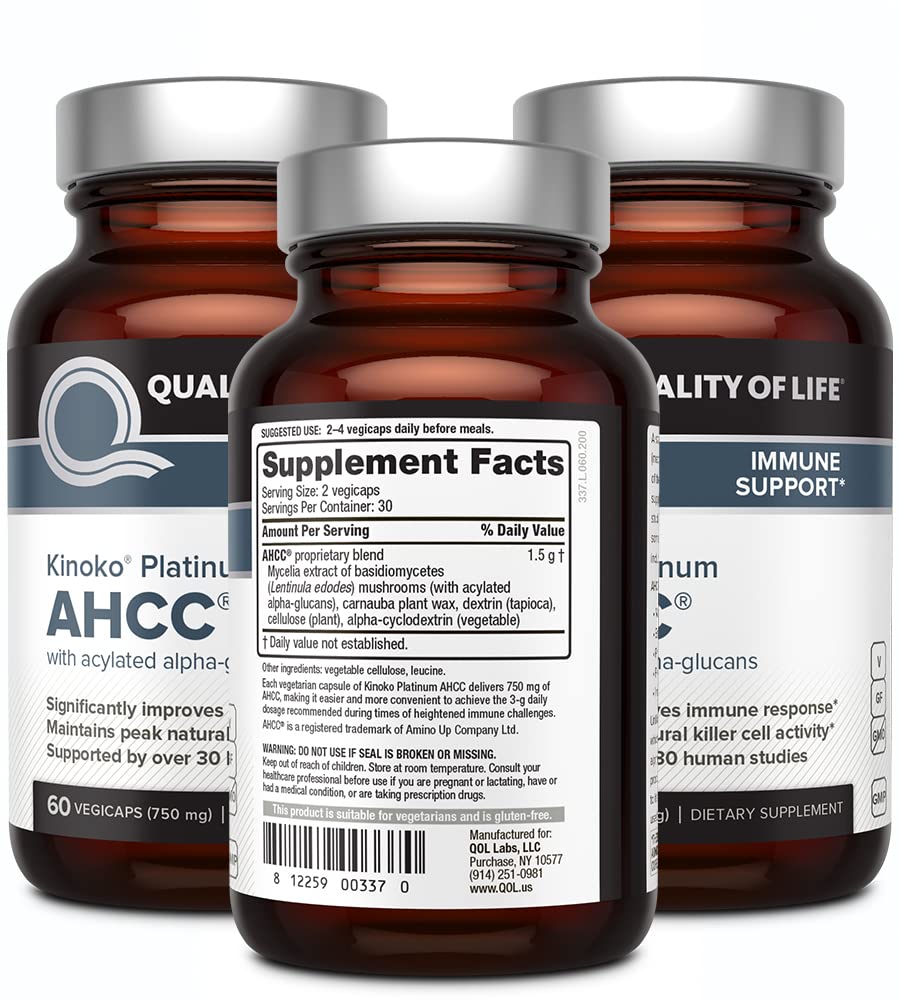 Quality of Life AHCC Kinoko Platinum capsules ready for daily immune support