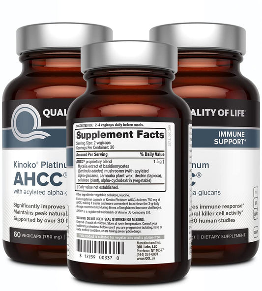Quality of Life AHCC Kinoko Platinum capsules ready for daily immune support