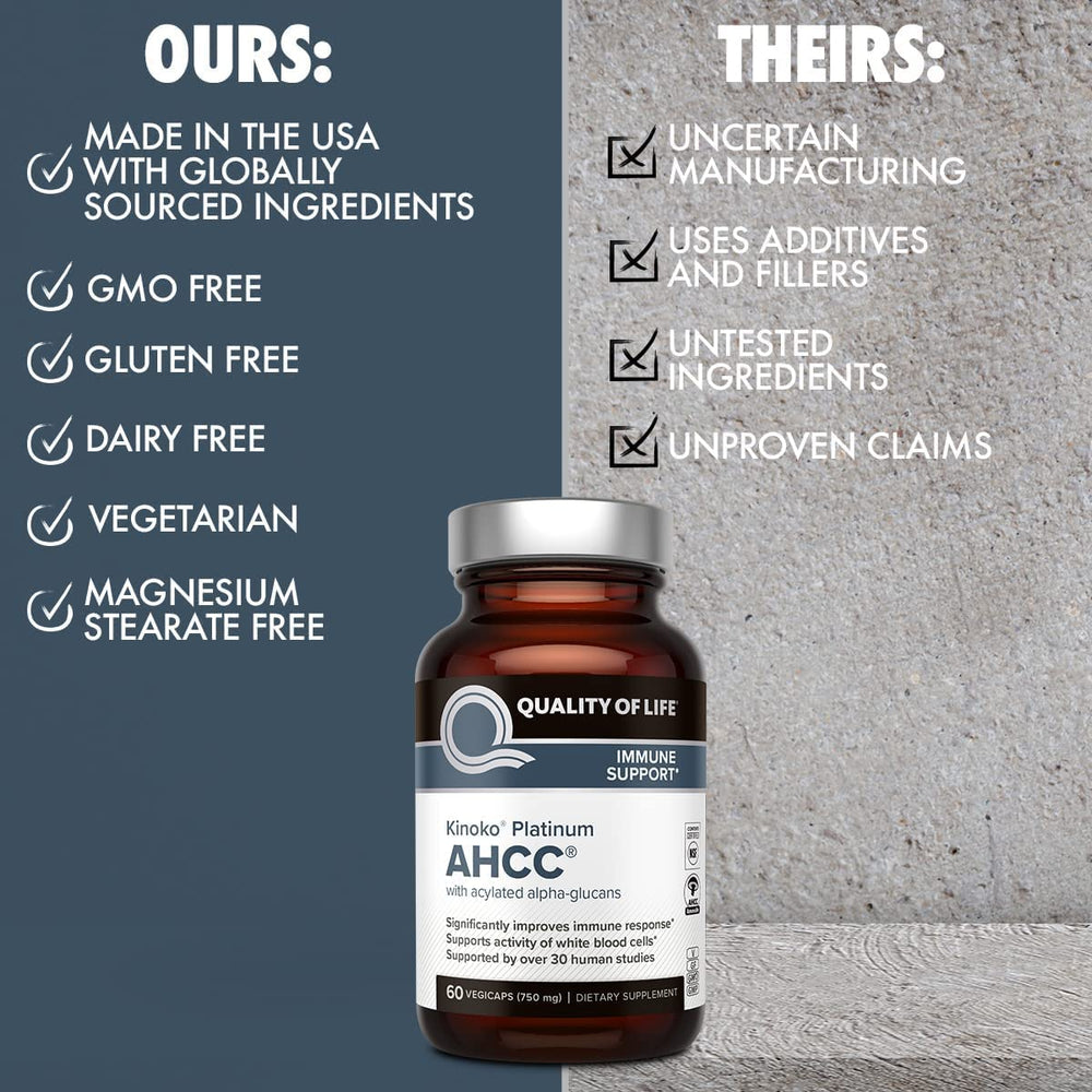 Quality of Life AHCC Kinoko Platinum packaging shows vegan capsules and clear ingredients