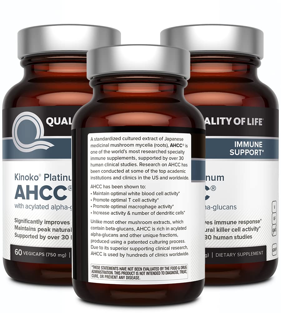 Quality of Life AHCC Kinoko Platinum 3-pack display highlighting value and convenience