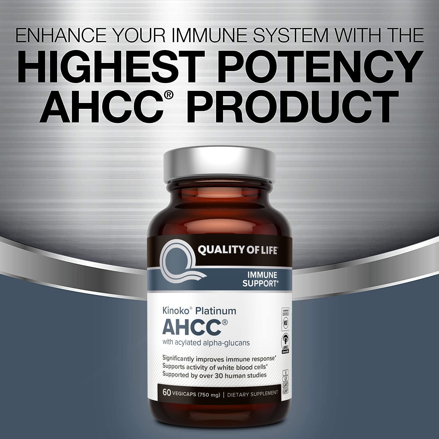 Quality of Life AHCC Kinoko Platinum US-made bottle with GMP promise