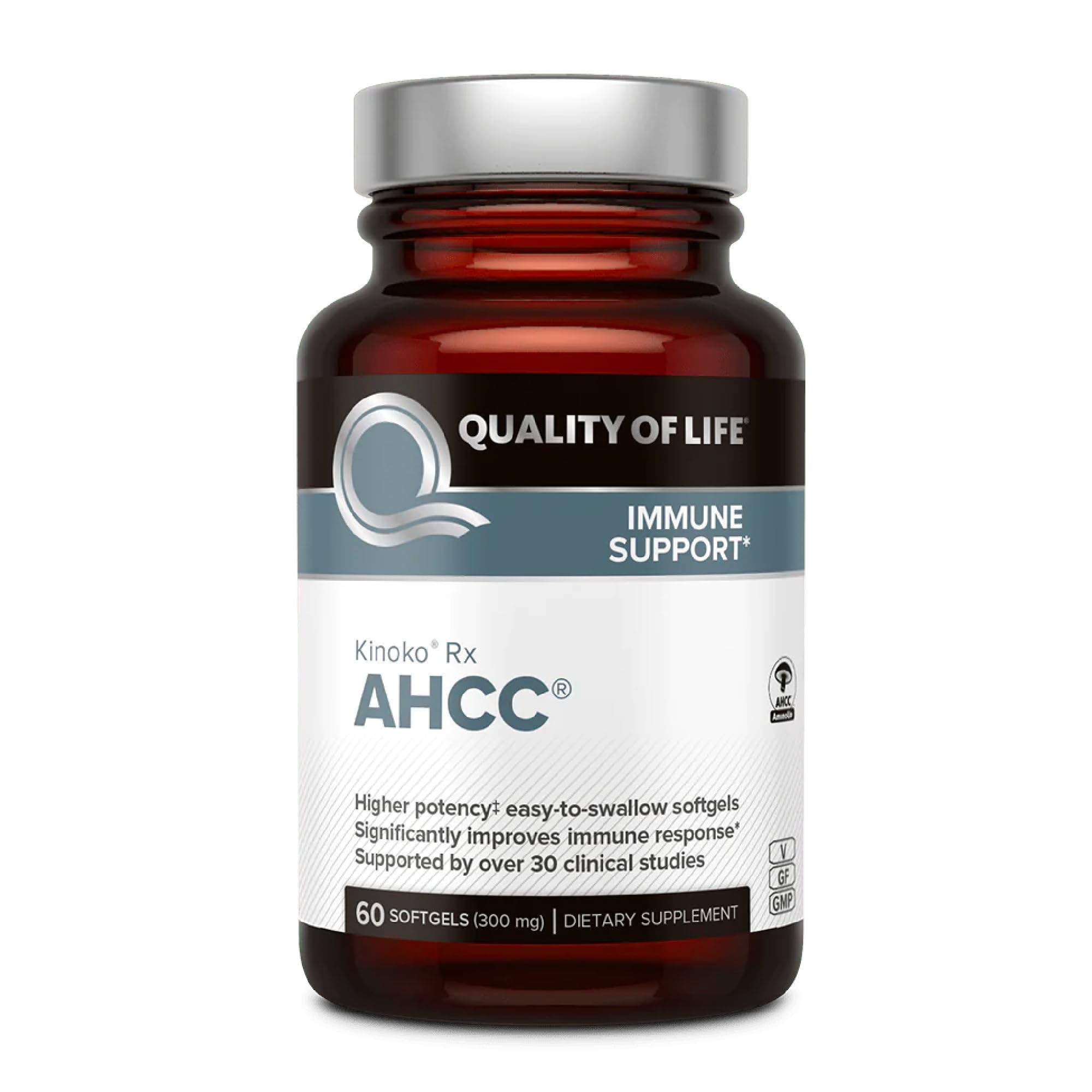 Quality of Life AHCC Rx bottle front view highlighting immune support.