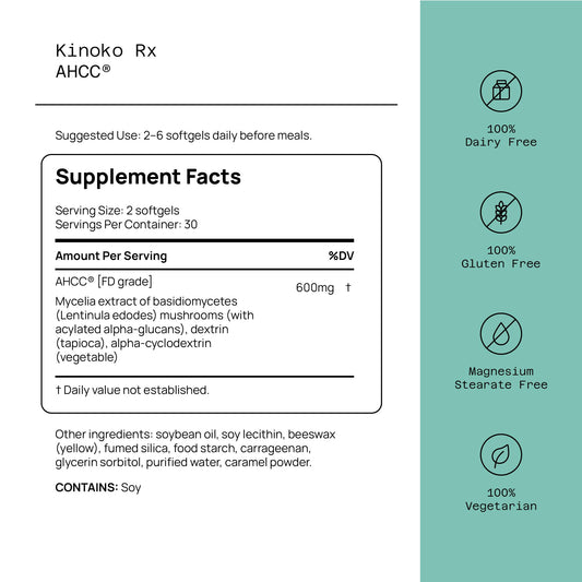 Close-up of Quality of Life AHCC Rx softgels for daily immune support.