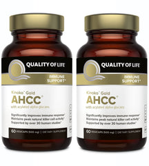Quality of Life Kinoko Gold AHCC bottle front view highlighting immune support potential.