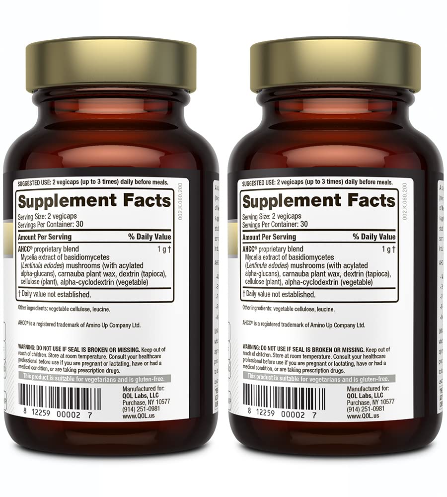 Quality of Life Kinoko Gold AHCC bottle label close-up showing potency and clear dosage.