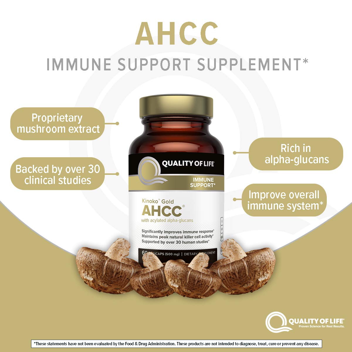 Quality of Life Kinoko Gold AHCC capsule close-up with 500 mg dosage.