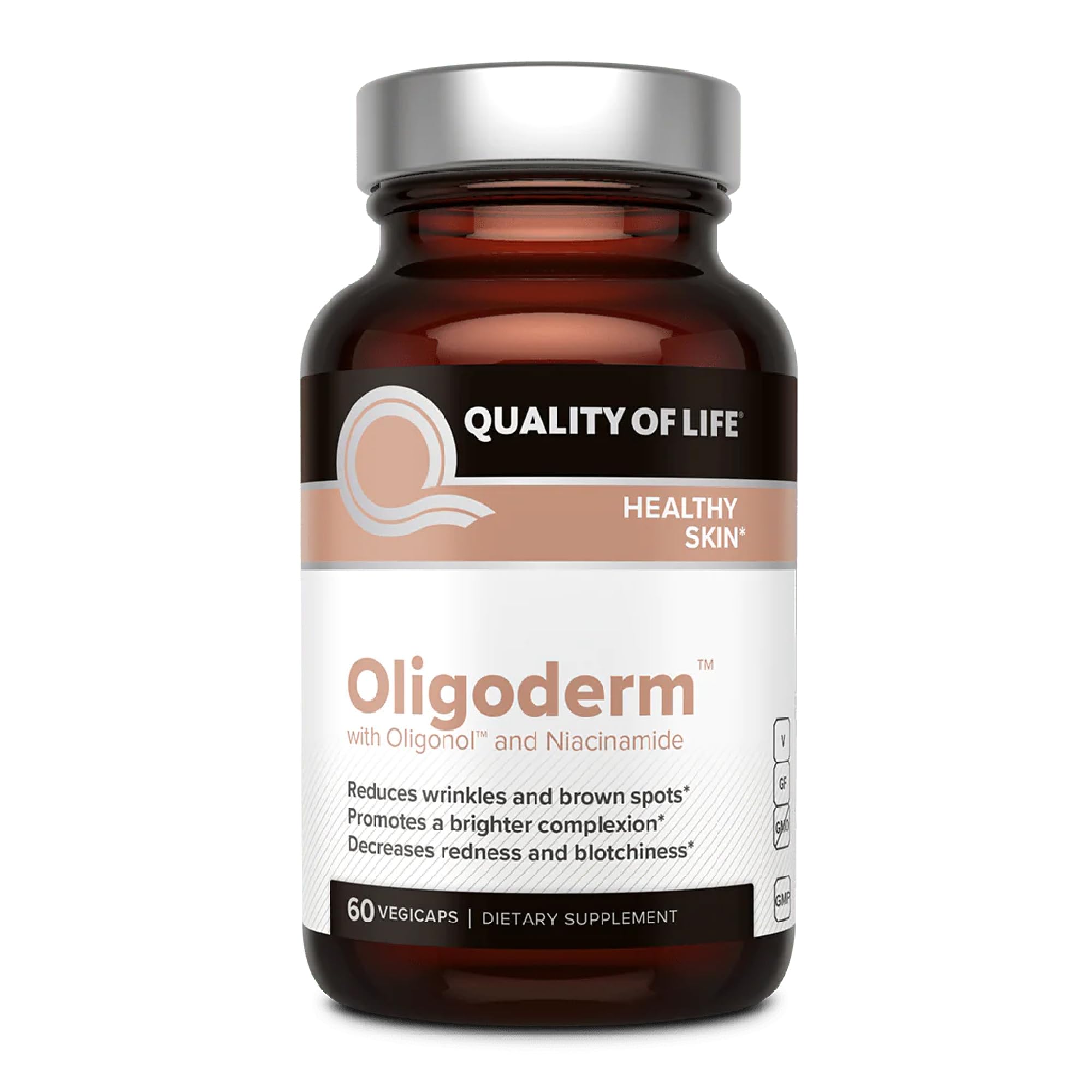 Quality of Life Oligoderm bottle forward view promoting skin support and a healthier-looking glow