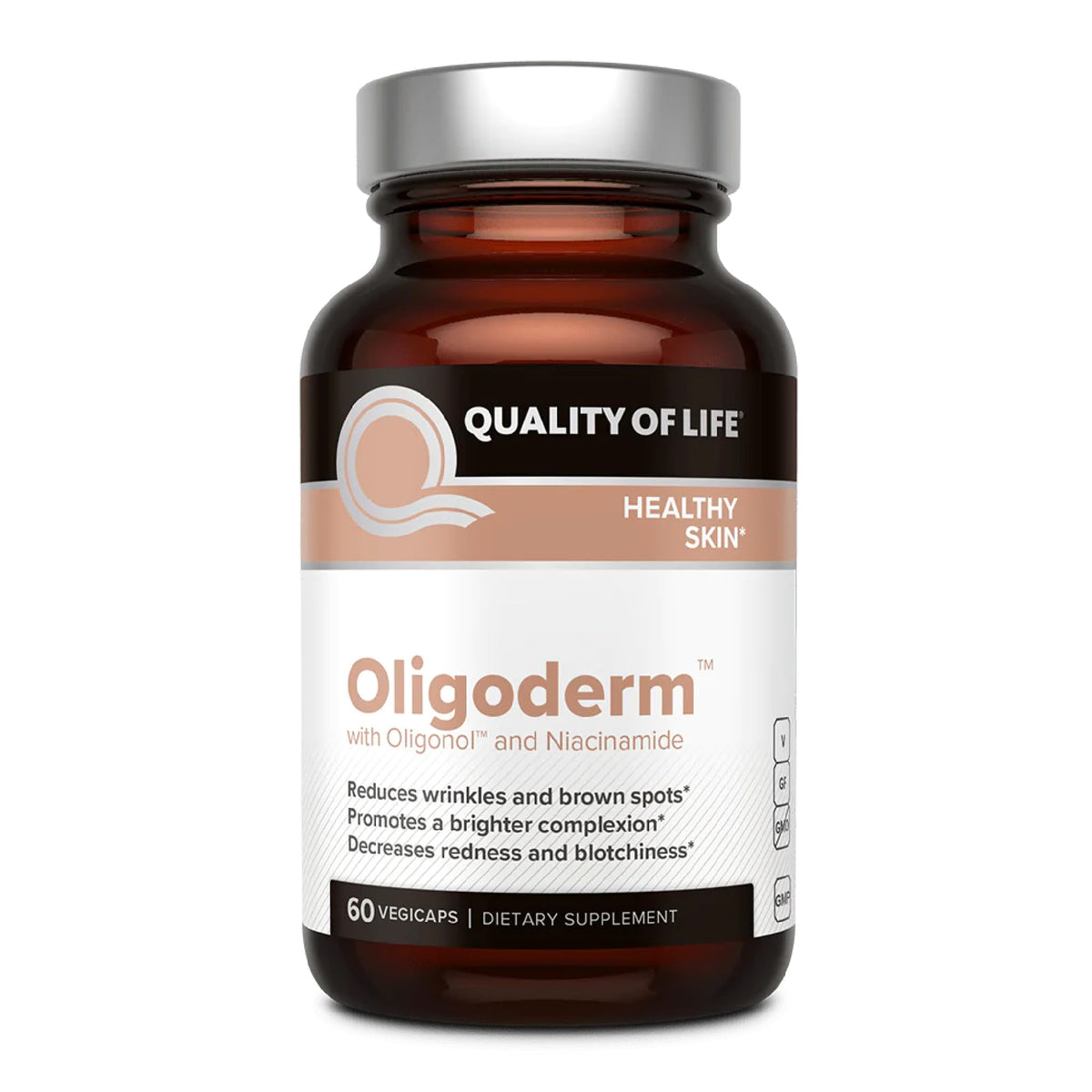 Quality of Life Oligoderm bottle forward view promoting skin support and a healthier-looking glow