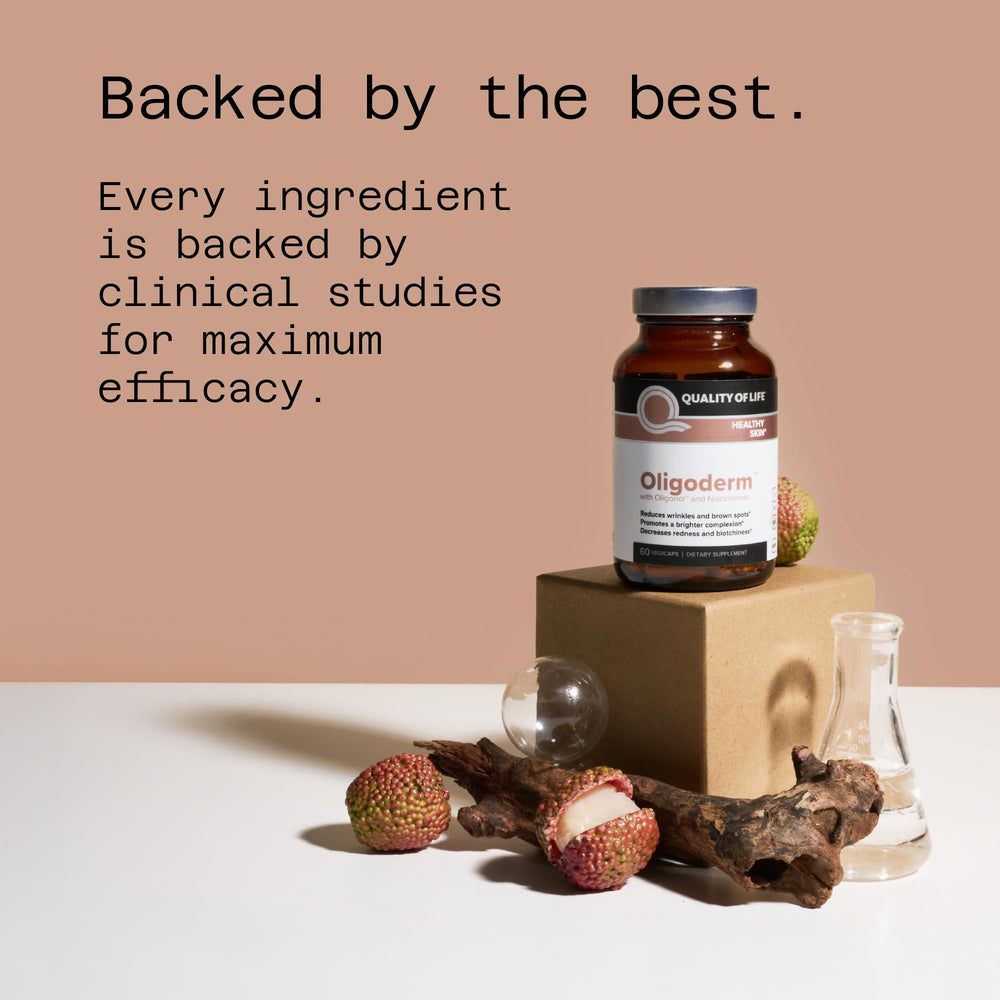 Quality of Life Oligoderm label closeup emphasizes vegan, gluten-free, and preservative-free formulation