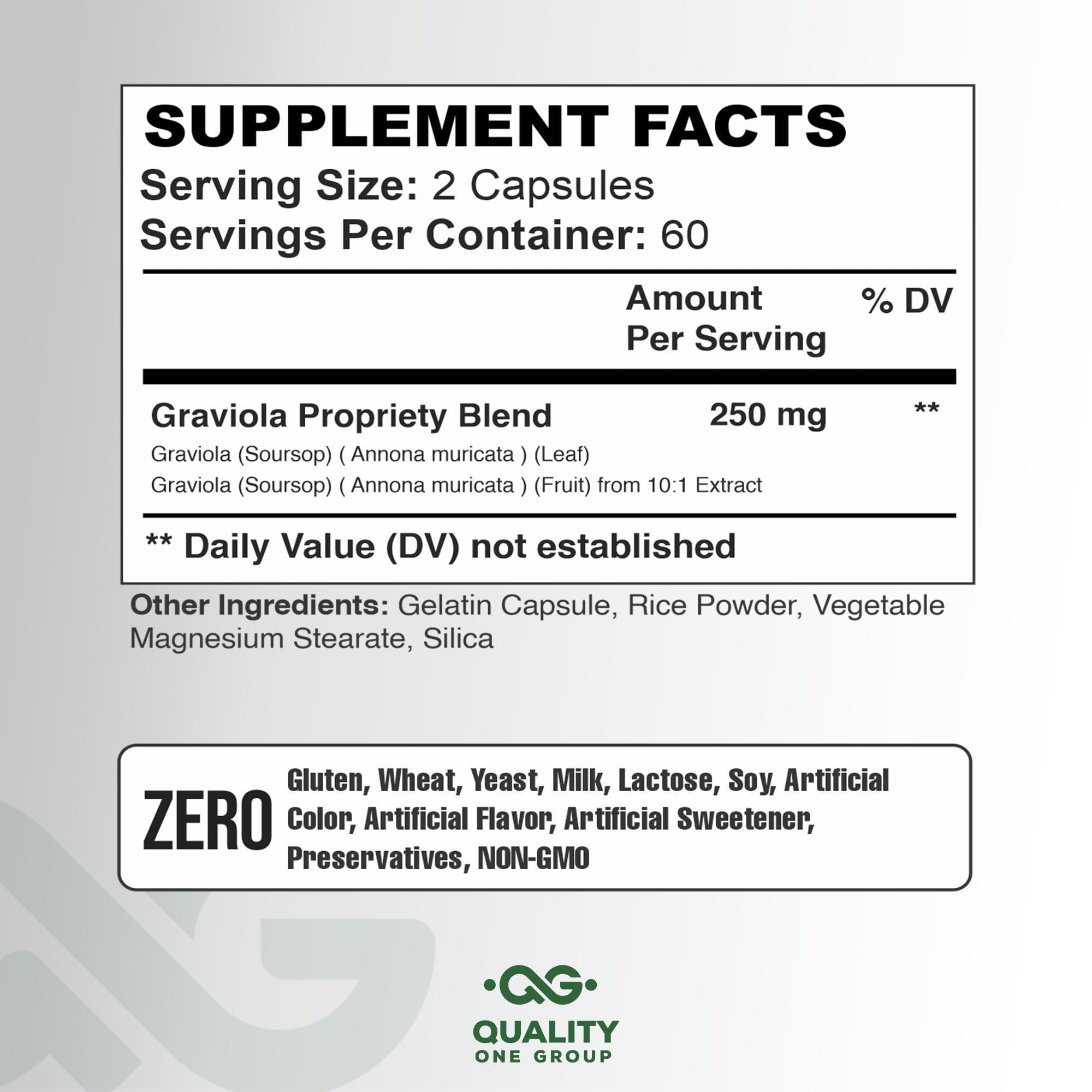 Quality One Graviola Max bottle back view showing ingredients and usage information.