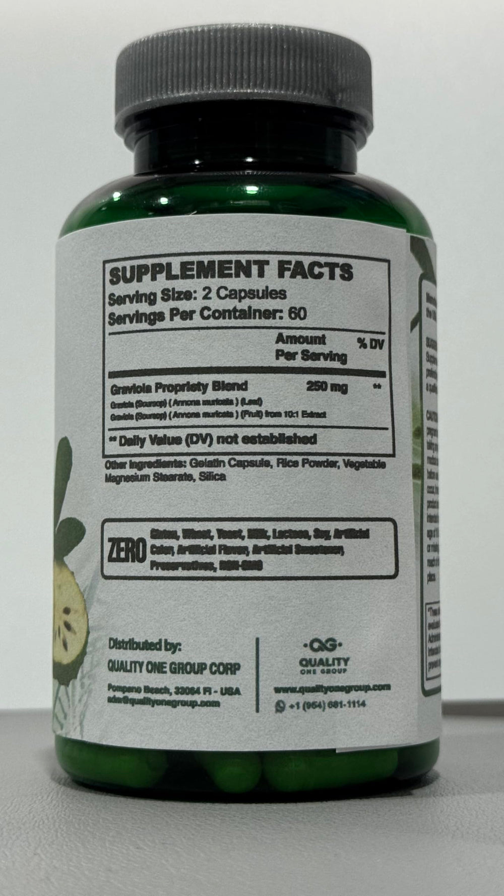 Quality One Graviola Max bottle stored on a kitchen counter for daily use.