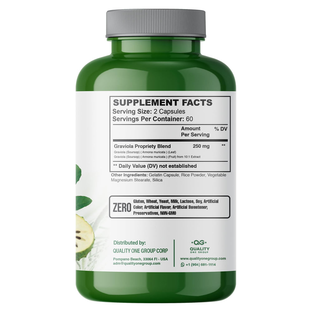 Quality One Graviola Max nutrition facts highlight vitamin C content and fiber.