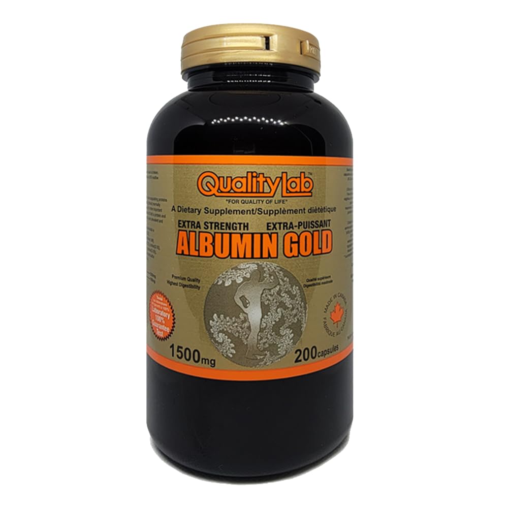 QualityLab Albumin Gold 1500 mg bottle emphasizes Canadian-made quality and reliability.
