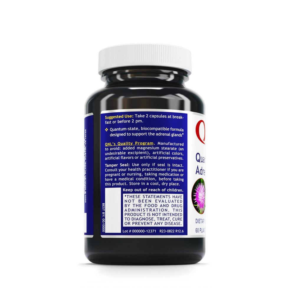 Quantum Adrenal Support capsules closeup emphasizing easy daily dosage and plant-based capsule