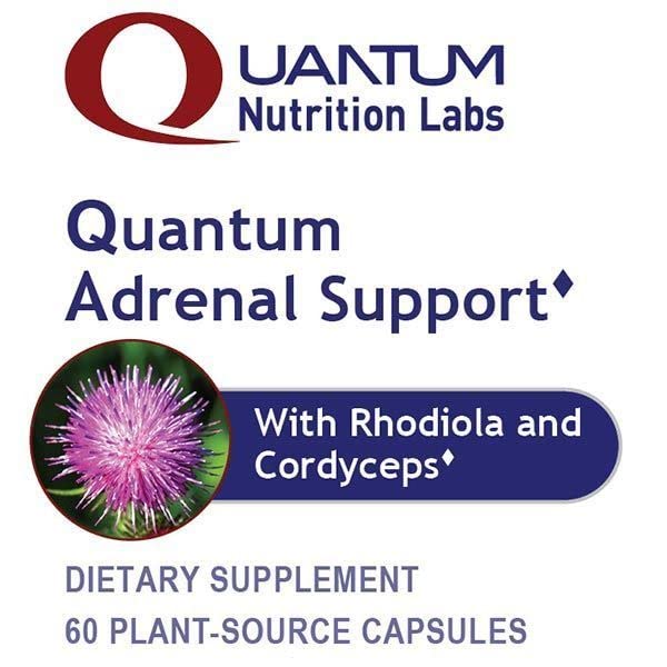 Quantum Adrenal Support organic ingredients chart detailing rhodiola, cordyceps, and chlorella benefits