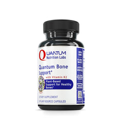 Quantum Bone Health bottle label showing calcium and K2 ingredients for bone support