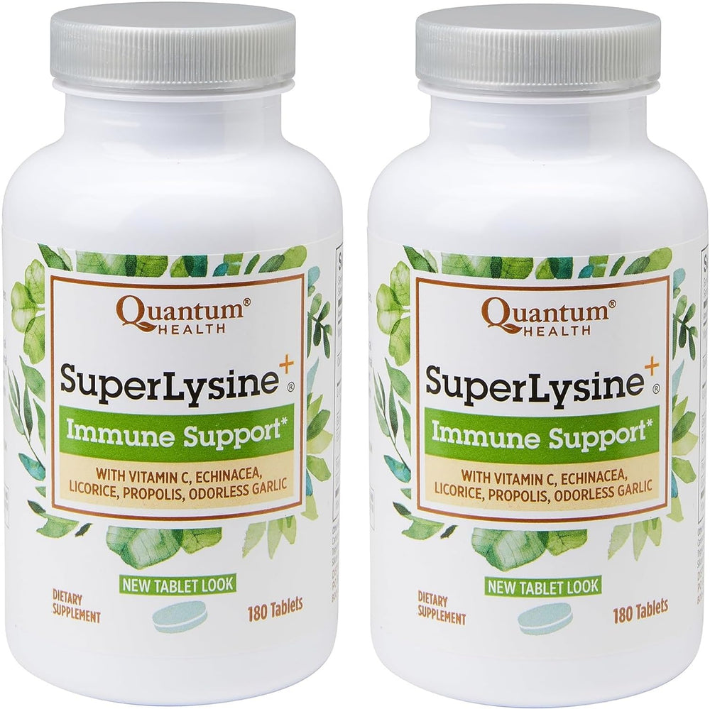 Quantum Health SuperLysine+ bottle front shows brand and daily immune support.