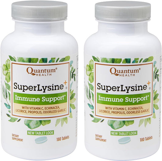 Quantum Health SuperLysine+ bottle front shows brand and daily immune support.