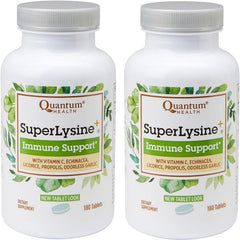 Quantum Health SuperLysine+ bottle front shows brand and daily immune support.