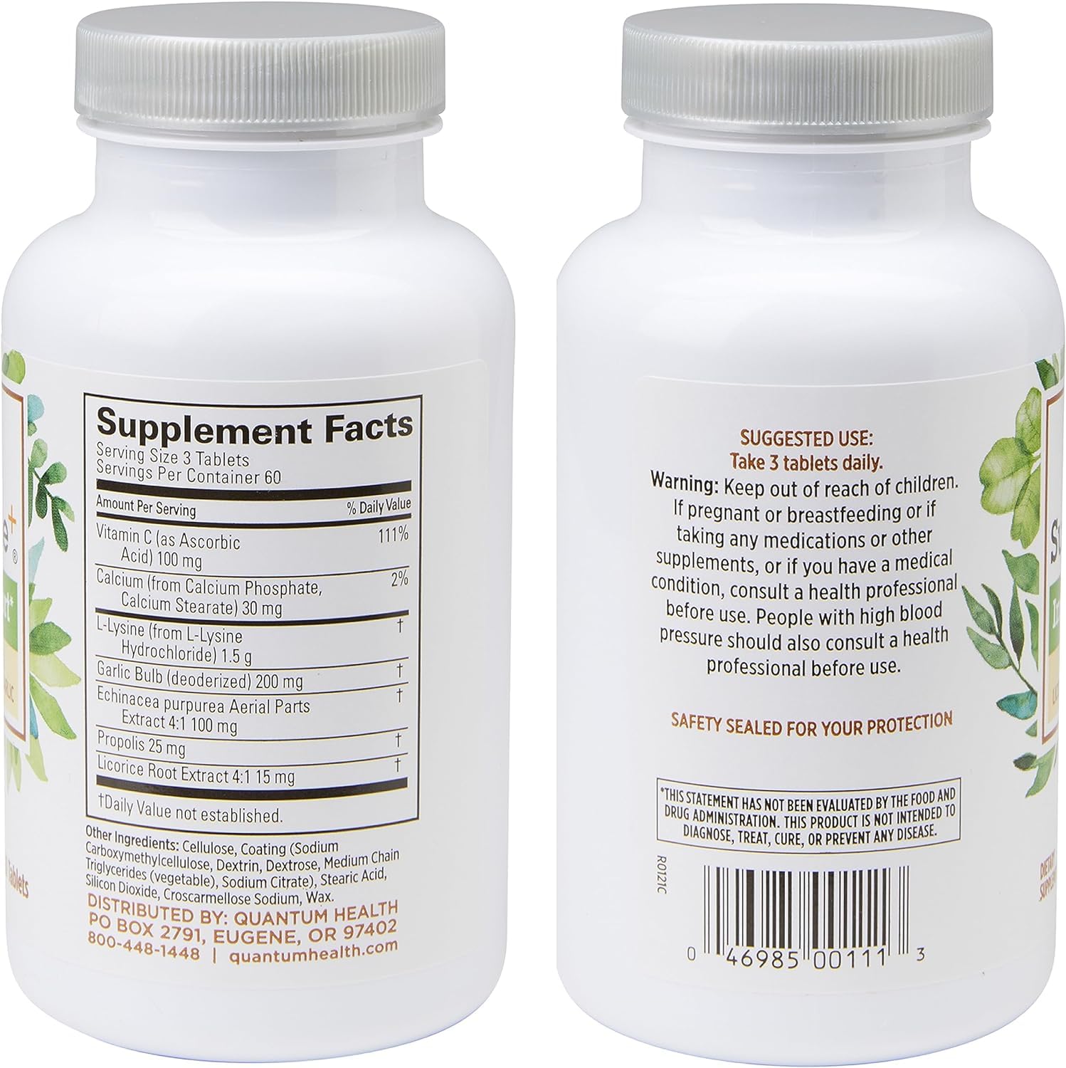 Quantum Health SuperLysine+ bottle side label with key ingredients.