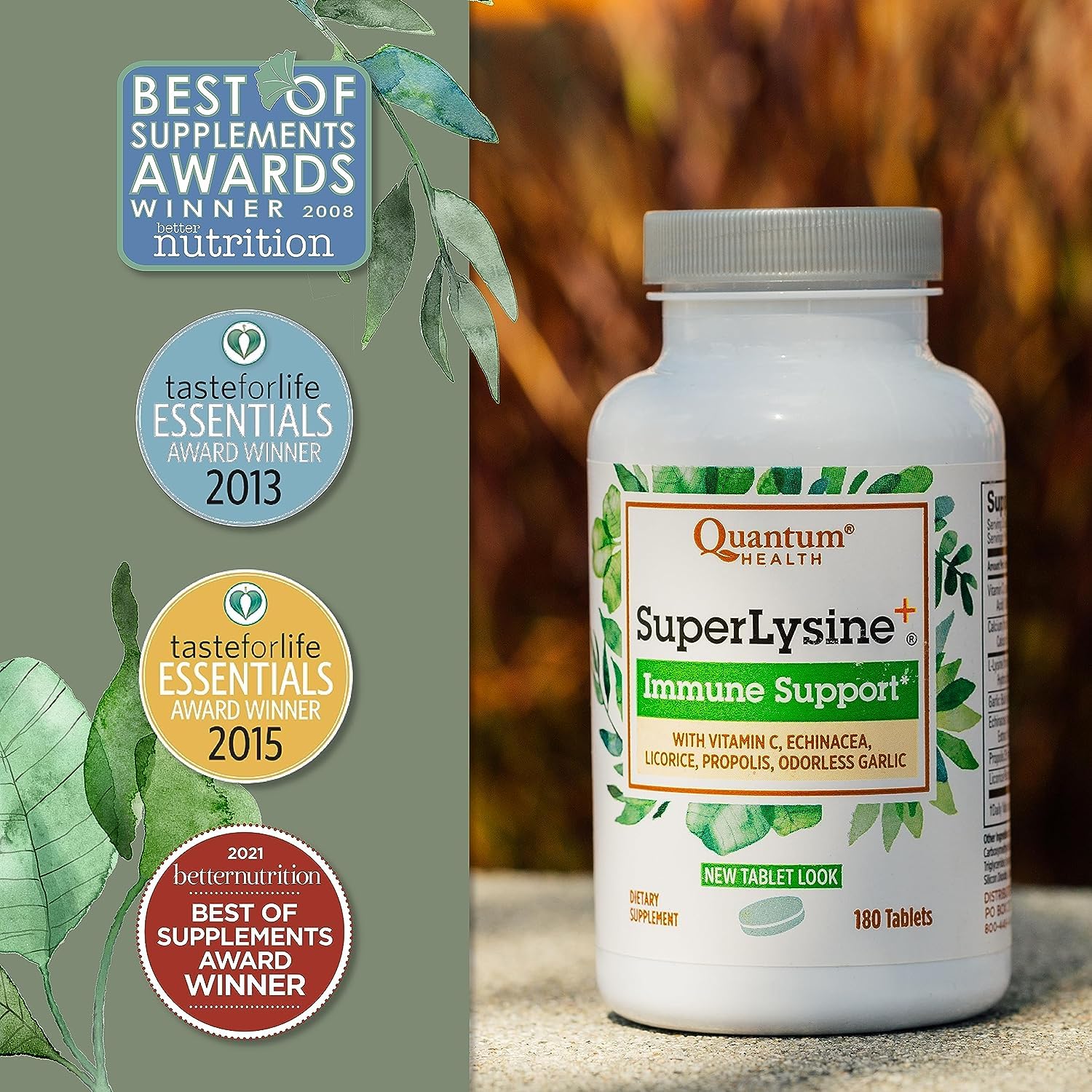 Quantum Health SuperLysine+ tablets dispensed for easy daily dosing.