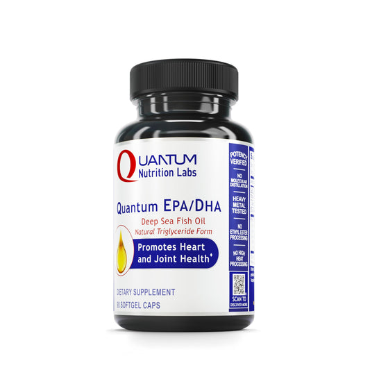 Quantum Nutrition EPA-DHA bottle front showing omega-3 supplement for daily use.