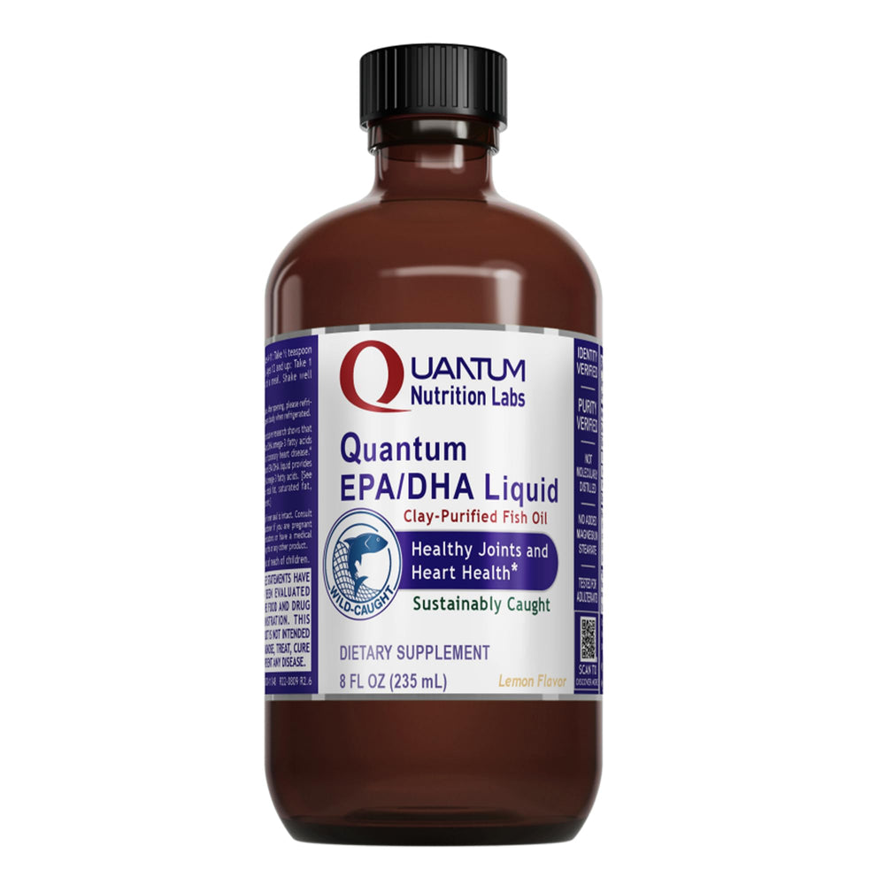 Quantum Nutrition EPA/DHA liquid bottle with organic lemon flavor for easy daily intake