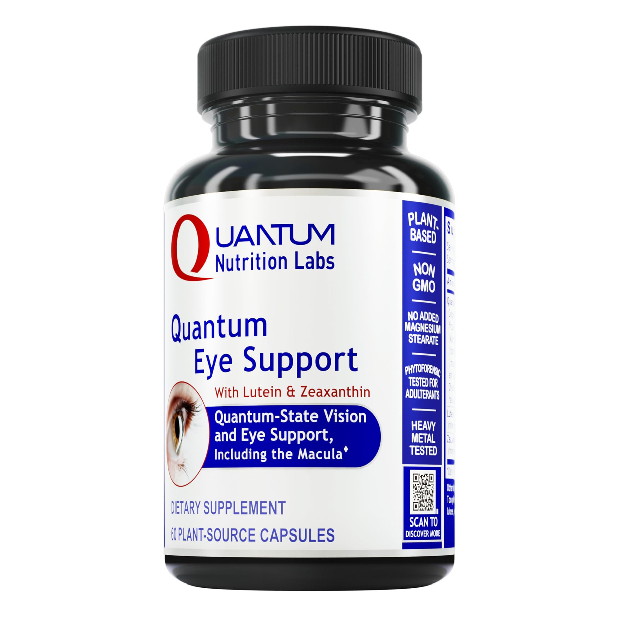 Quantum Nutrition Eye Support bottle front shows vegan eye health capsules for daily use.