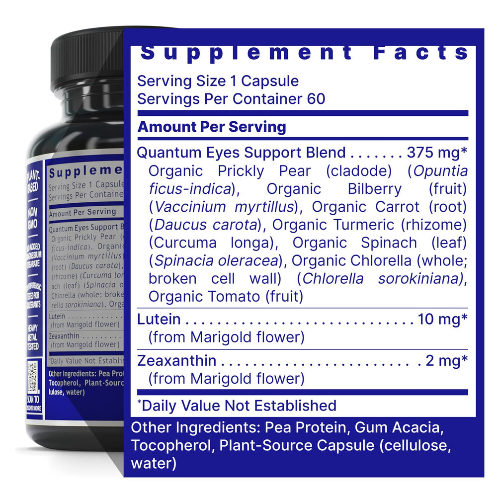 Quantum Nutrition Eye Support capsules closeup highlights lutein and zeaxanthin for macular health.