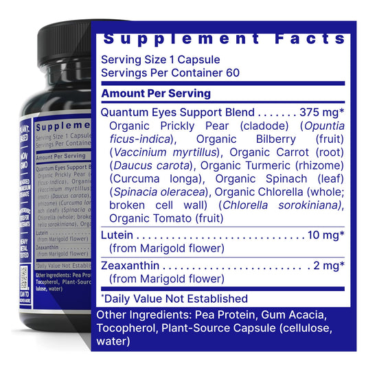 Quantum Nutrition Eye Support capsules closeup highlights lutein and zeaxanthin for macular health.
