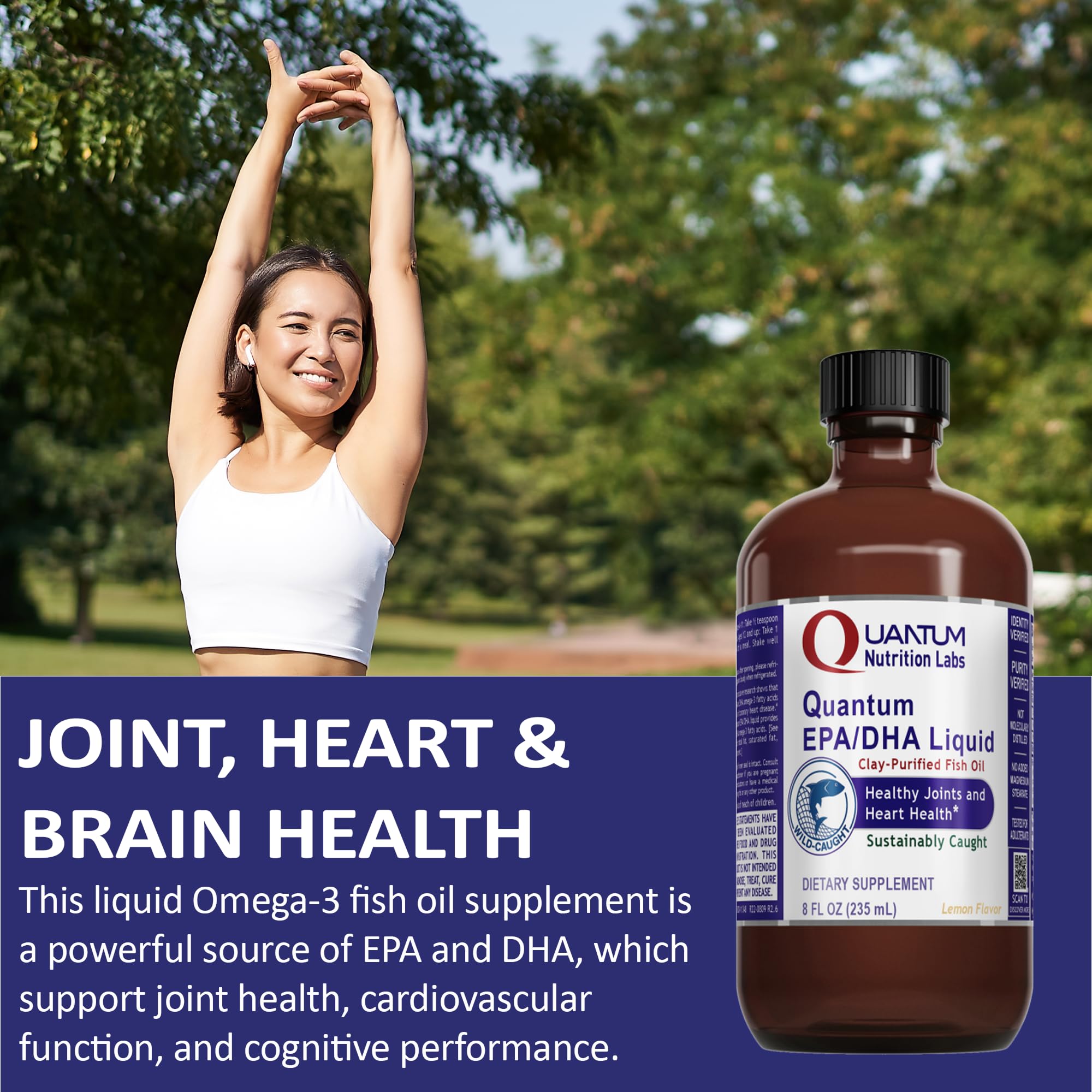 Quantum Nutrition glass bottle preserving omega-3 oil in a darkened setting
