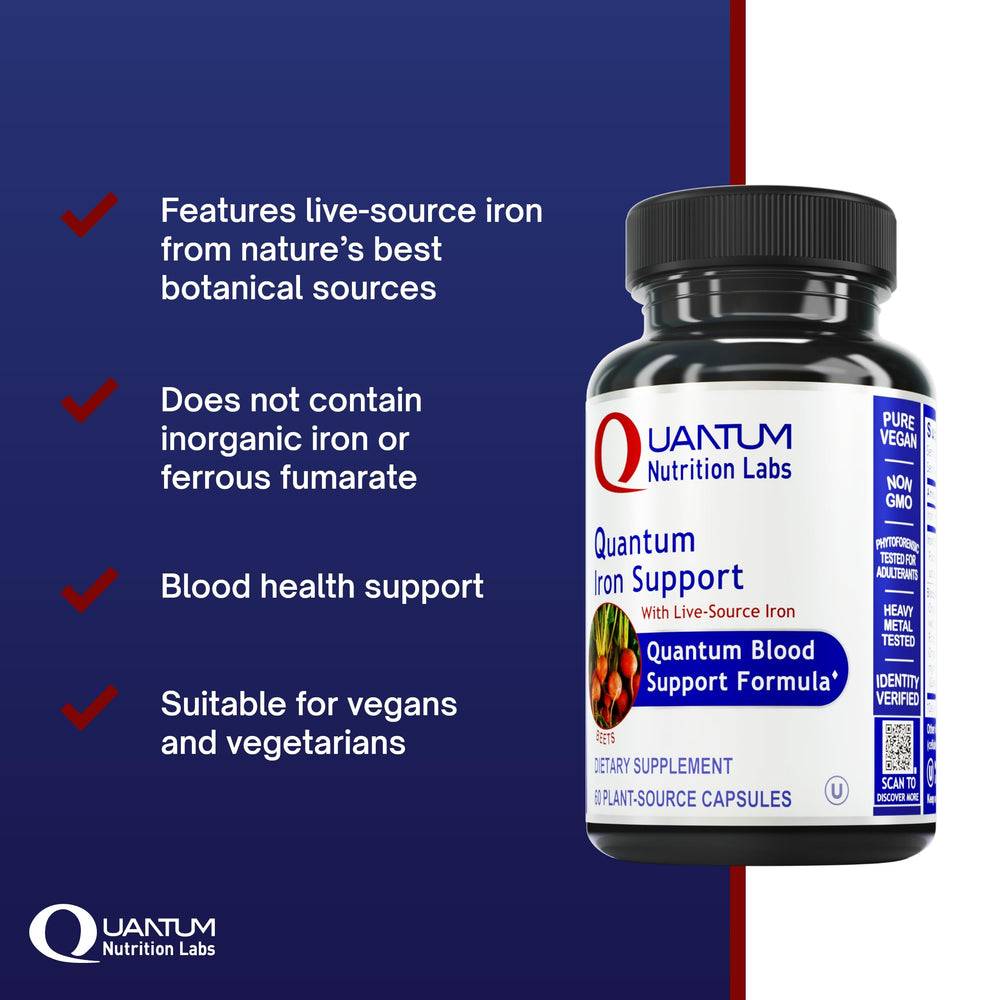 Quantum Nutrition iron capsules close-up highlighting gentle digestion.