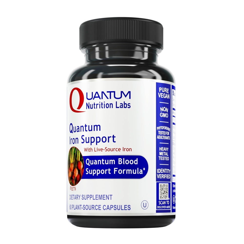 Quantum Nutrition iron supplement bottle offering daily plant-based iron support.