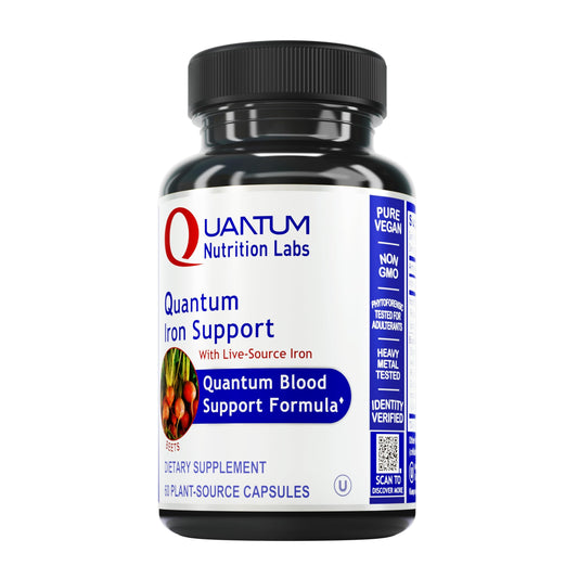 Quantum Nutrition iron supplement bottle offering daily plant-based iron support.