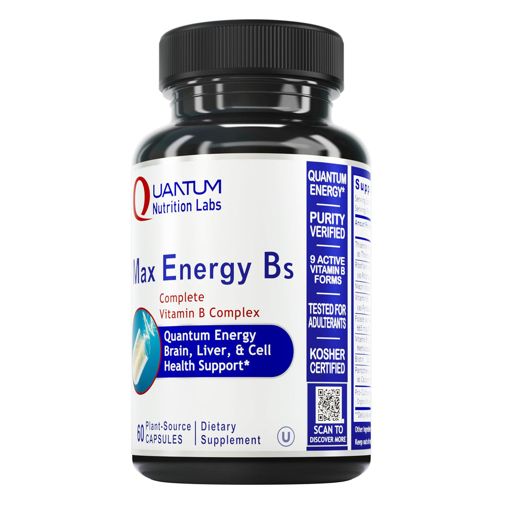 Quantum Nutrition Labs Max Energy Bs bottle front highlighting methylated B complex for daily energy