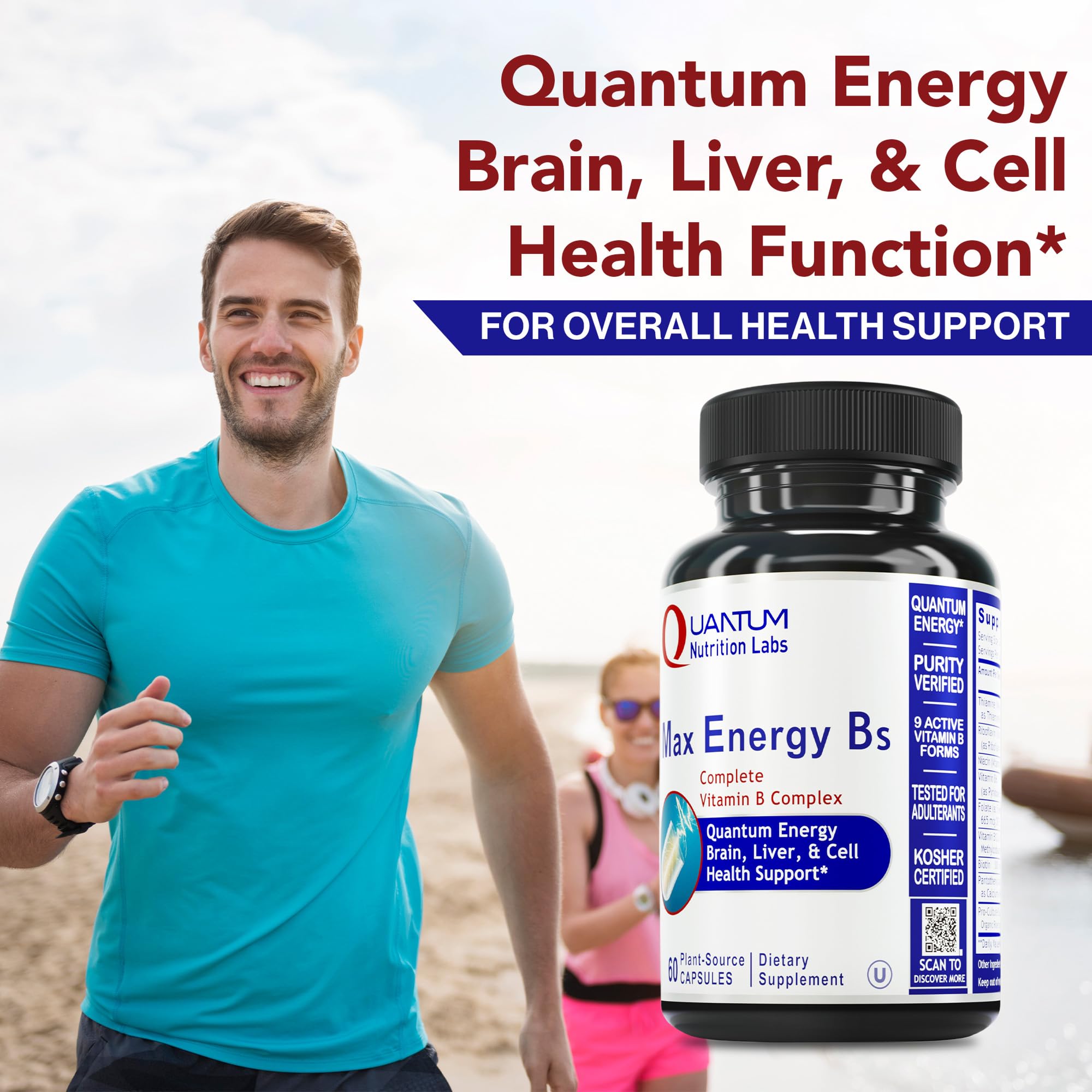 Quantum Nutrition Labs Max Energy Bs bottle side label showing nine active B vitamins