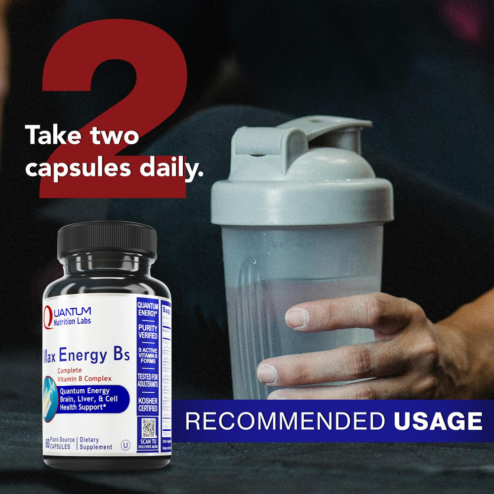 Quantum Nutrition Labs Max Energy Bs packaging emphasizing vegetarian capsules and easy dosing
