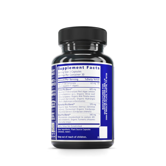 Quantum Nutrition Labs Prostate Support capsules highlighting organic saw palmetto for prostate health.
