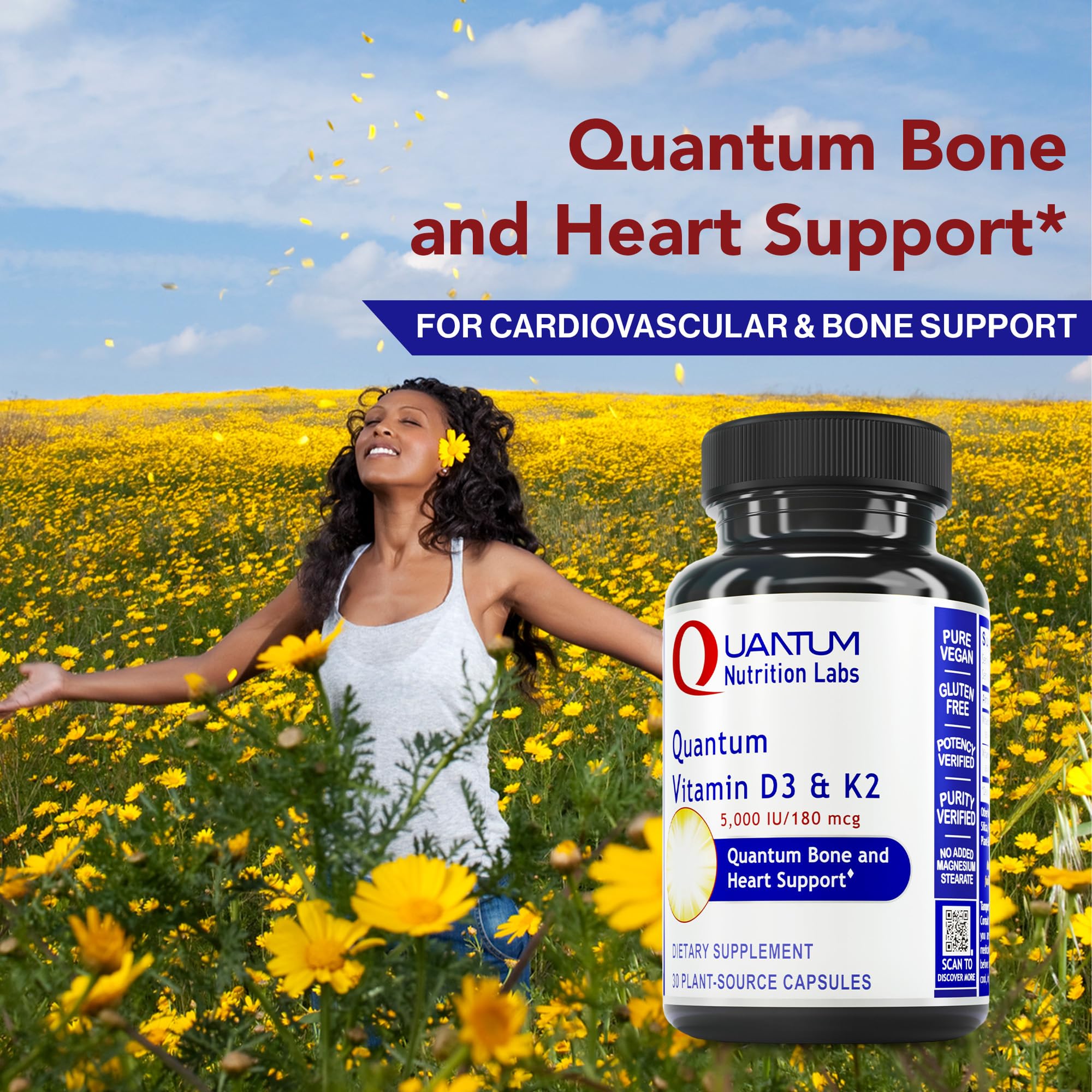 Quantum Nutrition Labs label shows lichen-derived D3 and K2 for calcium absorption