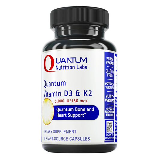 Quantum Nutrition Labs Vitamin D3 K2 bottle front with vegan capsules for bone support